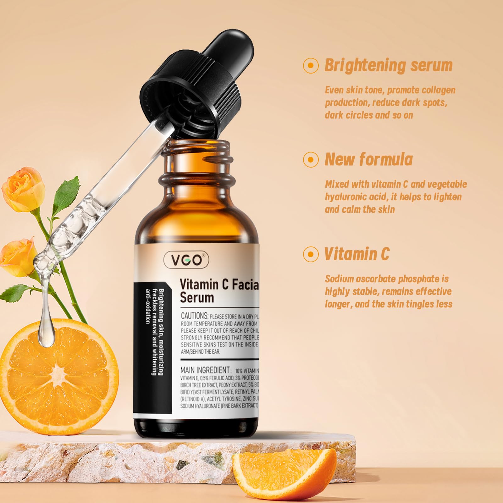 VGO Vitamin C Face Serum, Hydrating Serum with Vitamin C, Hyaluronic Acid, Vitamin E & More for Dullness, Balanced Complexion, Eye Area, Fine Lines & Wrinkles, 60ml / 2.02 fl.oz